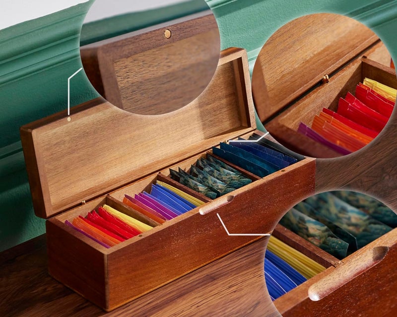 SEVENTY Wooden Tea Bag Organizers, Drink packet Storage Boxes, Caddy for Tea Bags Chest, Teabag Holder Containers, Teabox Station Display, Organizador De Tes Caja Para Te, 4 Compartments - Image 4